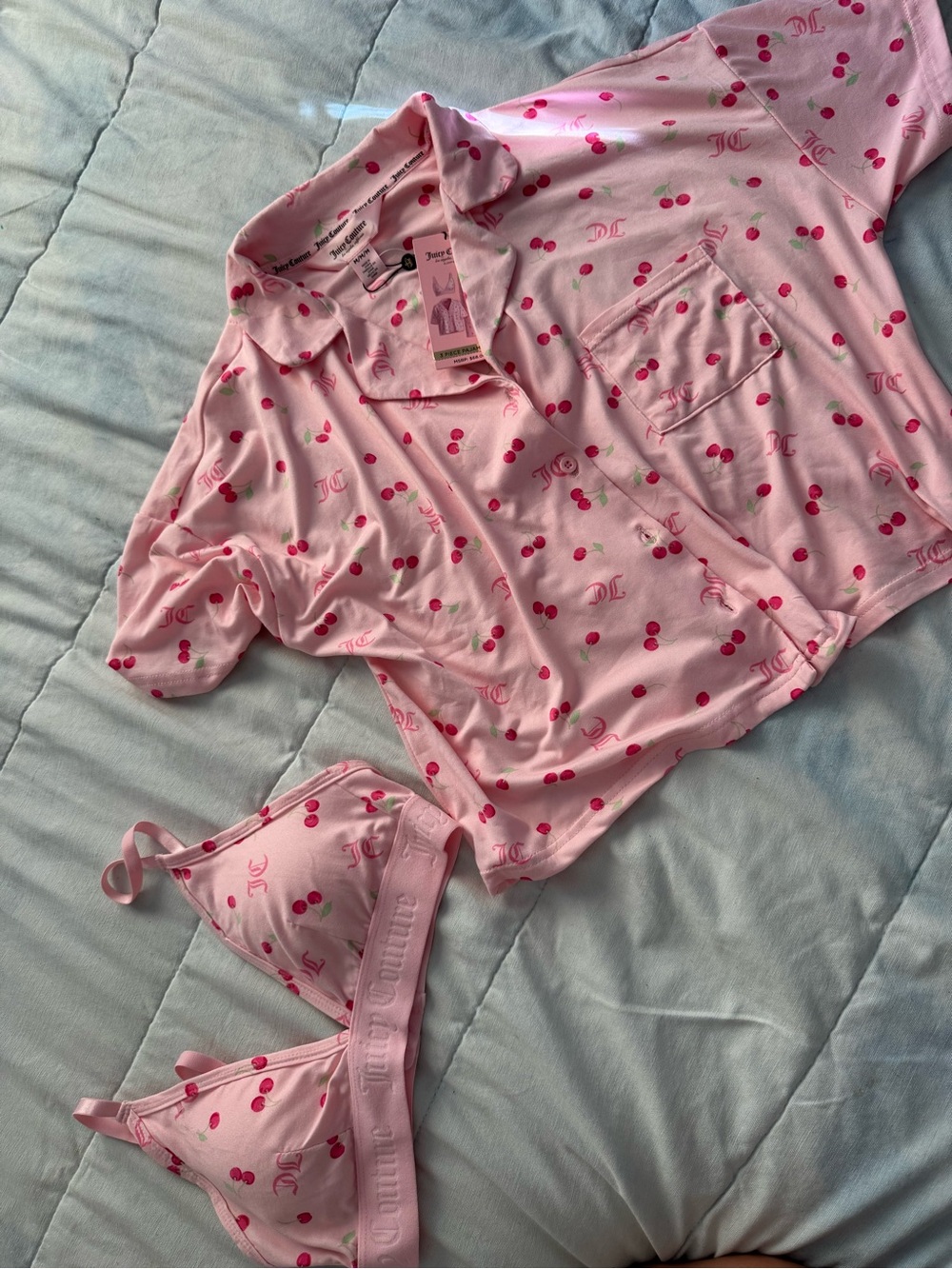 Juicy Couture Pink Cherry-Print Pajama Tee & Bralette Set